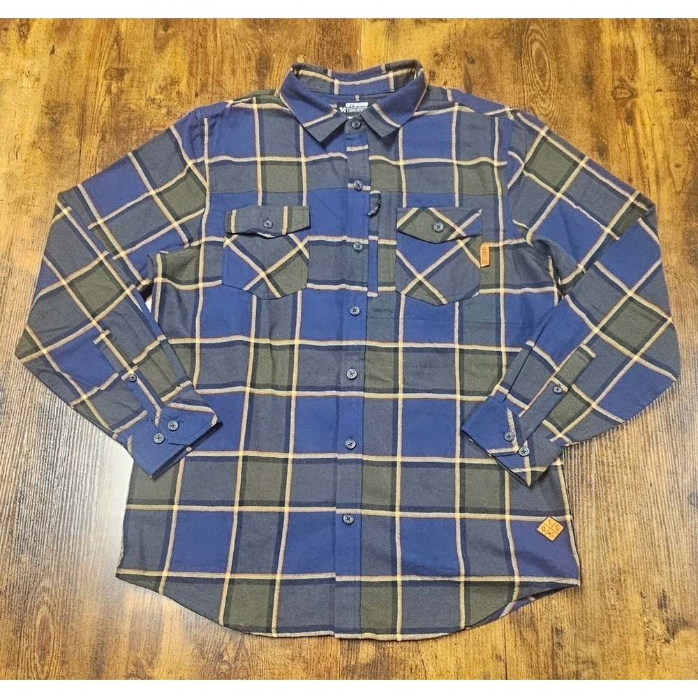 Off The Grid Mens Blue Green Plaid Flannel Button Down Shirt Large 4252